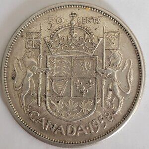 Vintage 1958 Canadian 50 Cent Silver Coin
